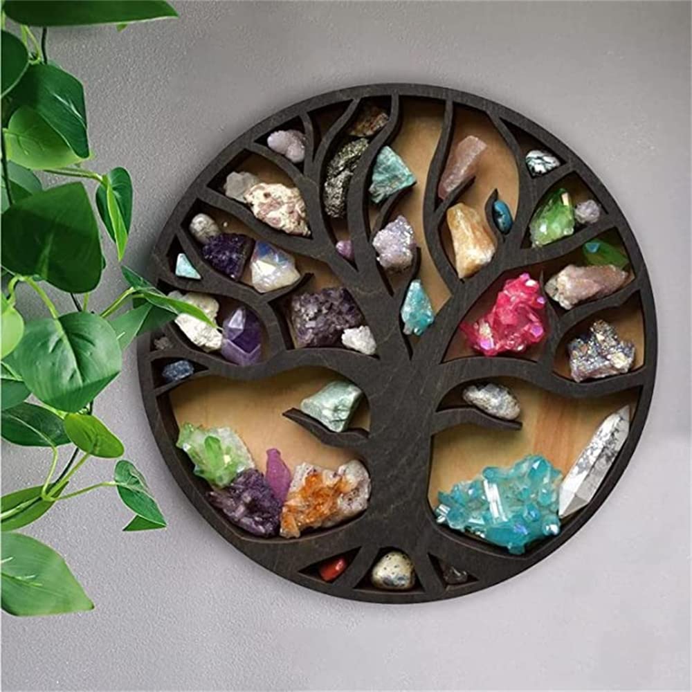 Crystal Shelf Display Crescent Moon Rack Witchy Crystal Holder for Stones Essential Oils Essentials Shelves Wall Decor Rustic Wooden Display Boho Meditation Home Decor (Model8 -Tree)