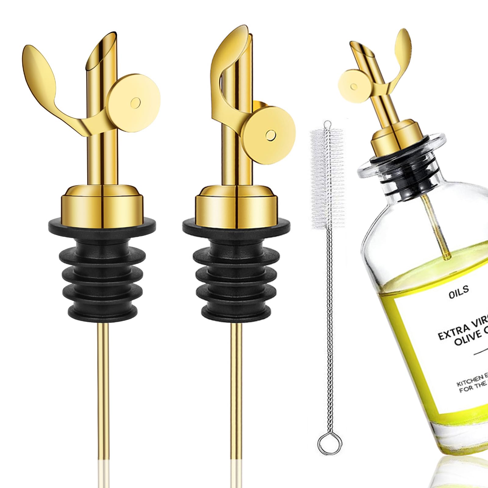 WAFJAMF 2 Pcs Weighted Stainless Steel Bottle Pourers, Self Closing Olive Oil Dispenser Spout, Auto Flip Feature Liquor Pour Spouts for Pours Liquid,