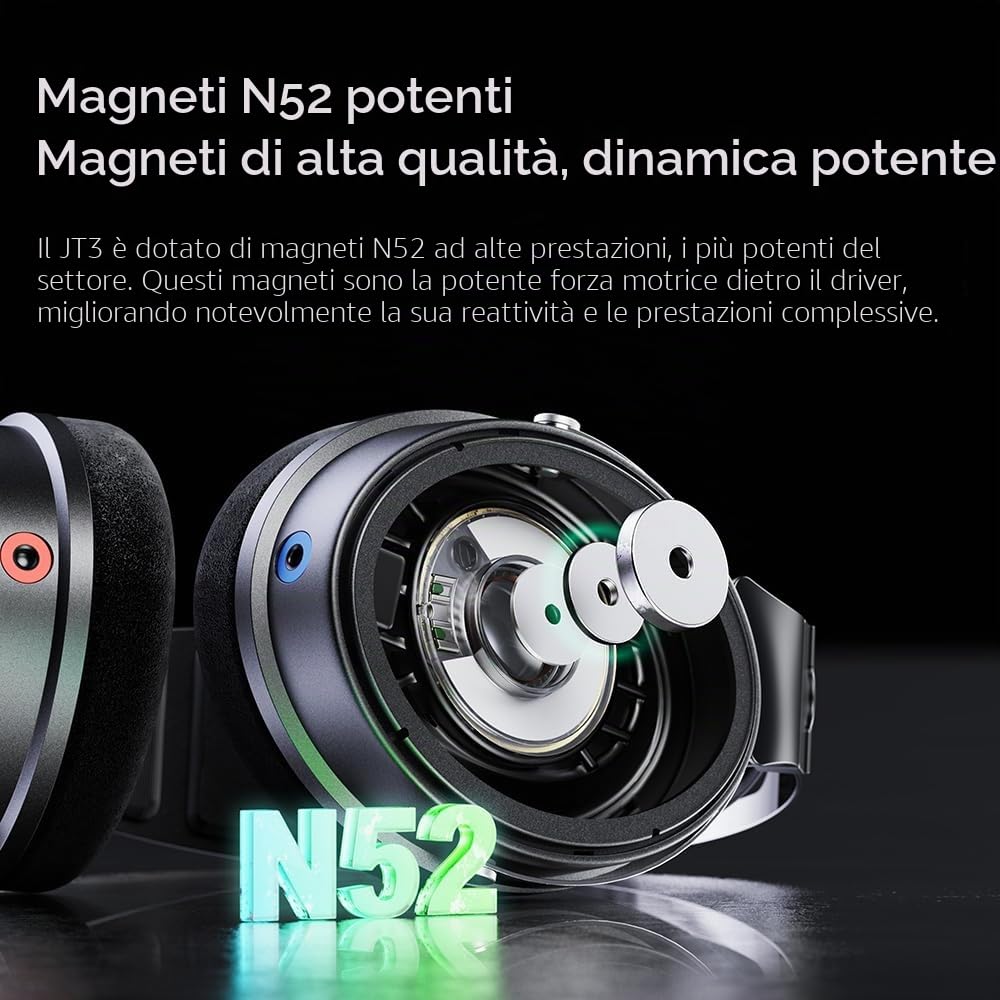 FiiO JT3 Cuffie Over-Ear Open-Back, Driver Dinamico da 50 mm, PEK+PU, cavo staccabile da 3,5 mm con microfono per musica e giochi (Nero)