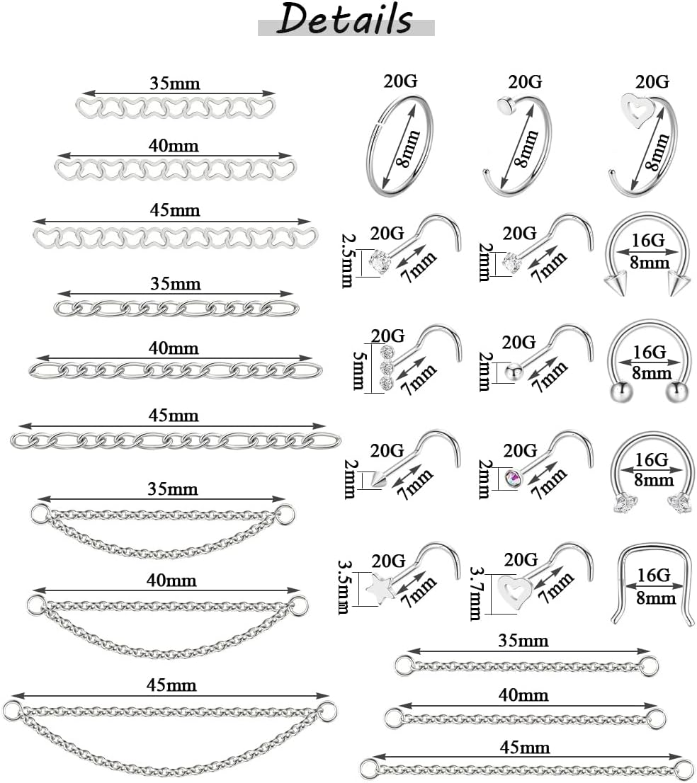 38Pcs 316L Stainless Steel Nose Ring for Women Men Heart Nose Stud Chain Double Nose Chain Piercing Across Nose CZ Nose Piercing Stud Nostril Jewelry thumbnail