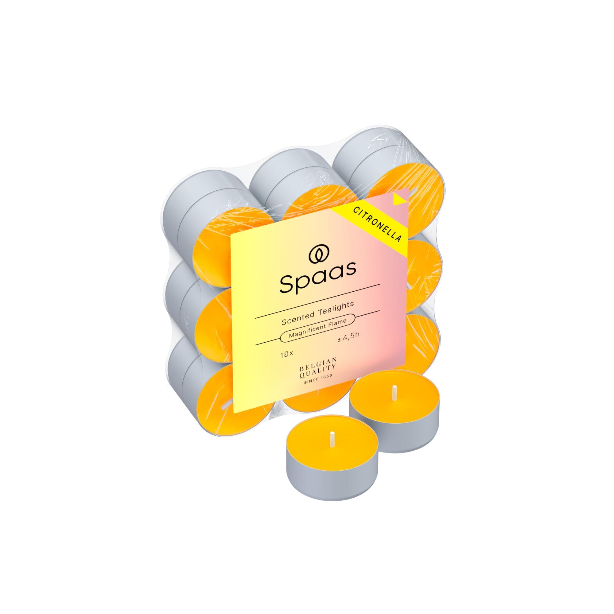 Spaas 10 Flachpackungen mit 18 Citronella-Teelichtern, ± 4,5 Stunden, Lebendiges Gelb
