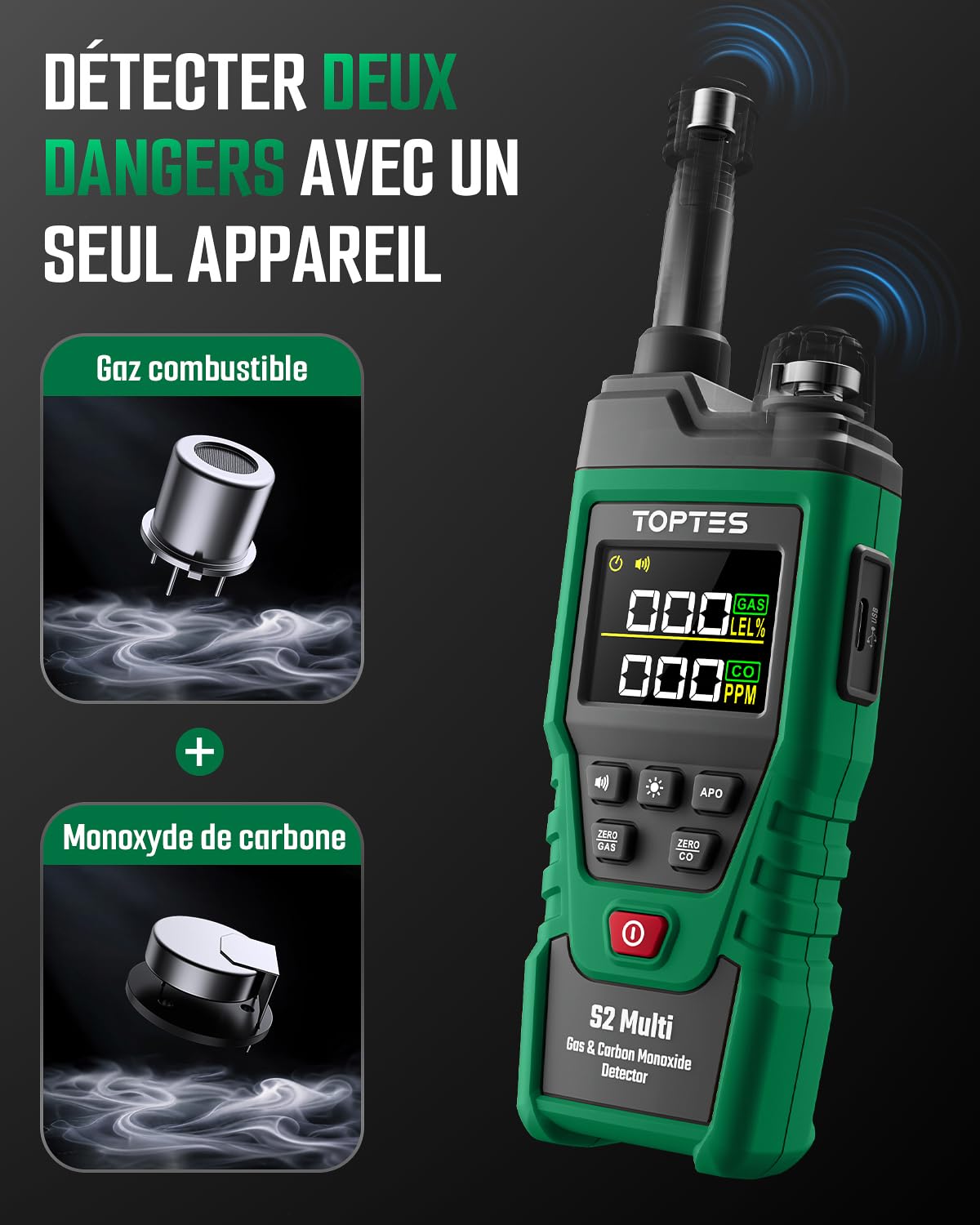 TopTes S2 Multi Detecteur De Gaz & Detecteur Monoxyde Carbone Portable-GN