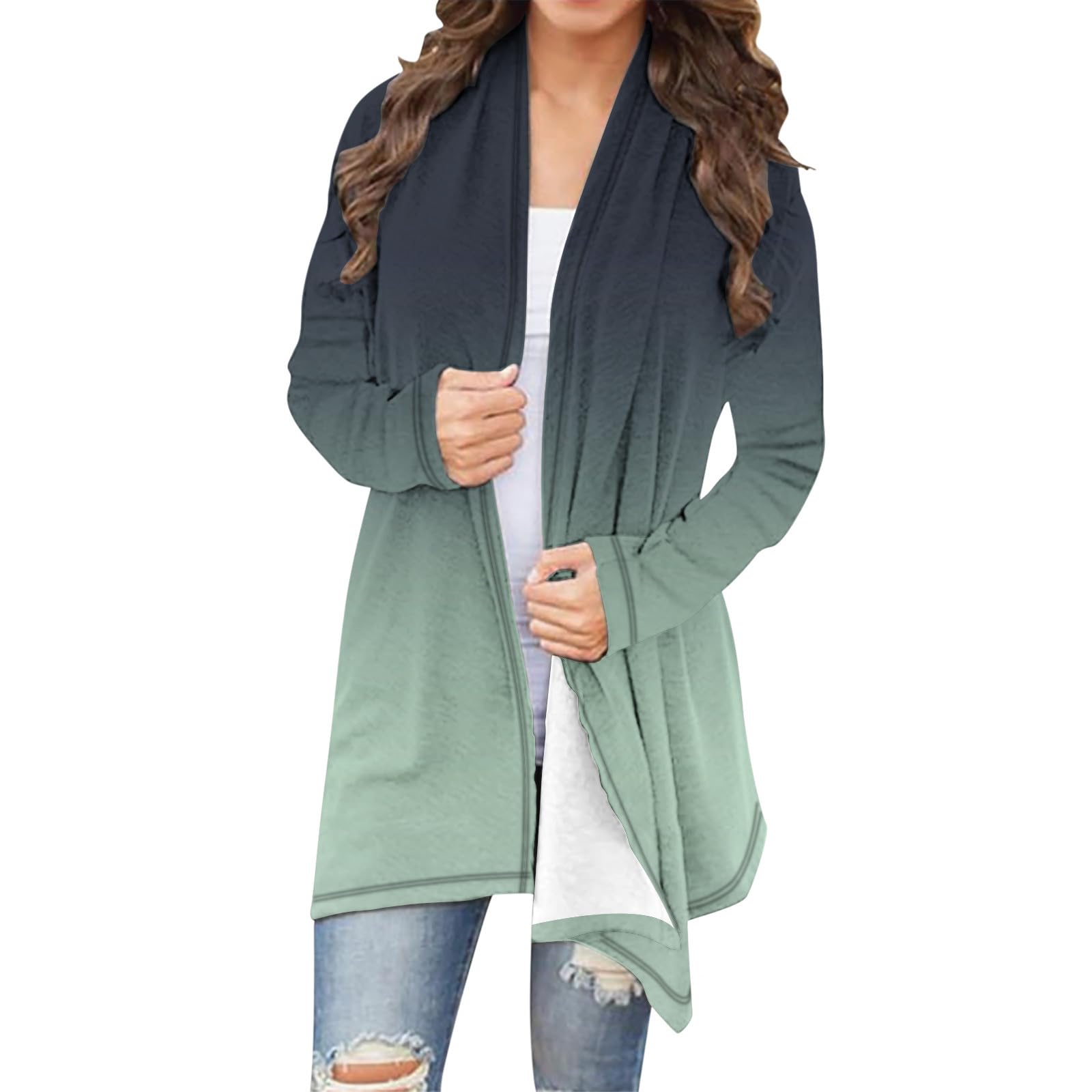 Womens Lightweight Ombre Cardigans Open Front Long Sleeve Fall Knitted Draped Duster Sweater Coats with Pockets