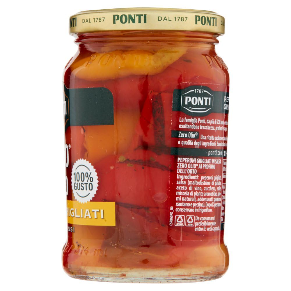 6x Ponti Peperoni Grigliati Zero Olio,Ohne Öl,Gegrillte Paprika,Fettfrei,Glas 290g + Italian Gourmet Polpa di Pomodoro 400g Dose