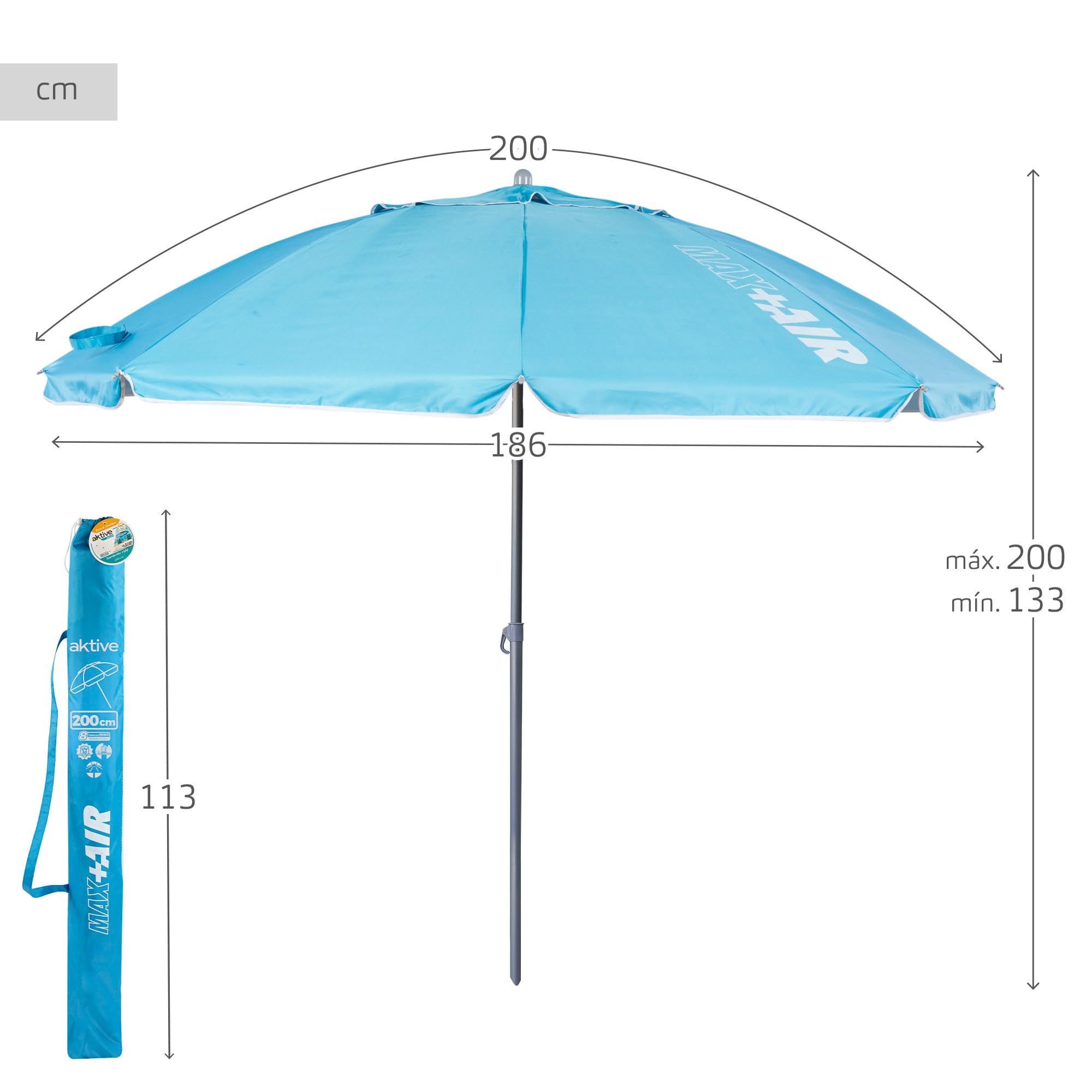 AKTIVE Parasol plażowy przeciwwiatrowski, skladany, niebieski Ø200, ze srebrna powłoką i ochroną przed promieniowaniem UV 50