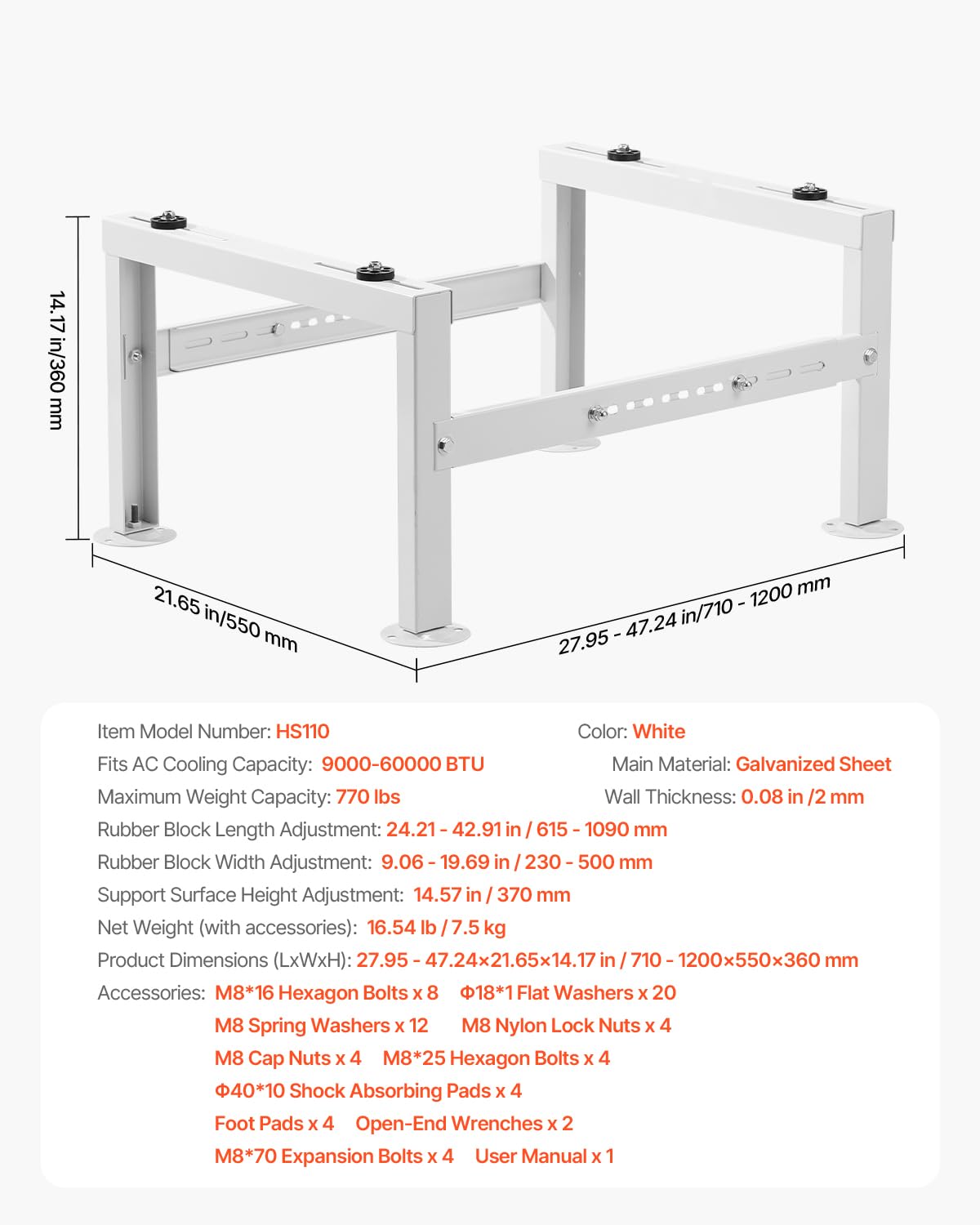 VEVOR Support au Sol pour Climatiseurs Split 9000-60000 BTU Réglable, Charge Maximale 350 kg, Conception Universelle, Réduction du Bruit et Vibration, Support de Base Robuste pour Climatiseur Split