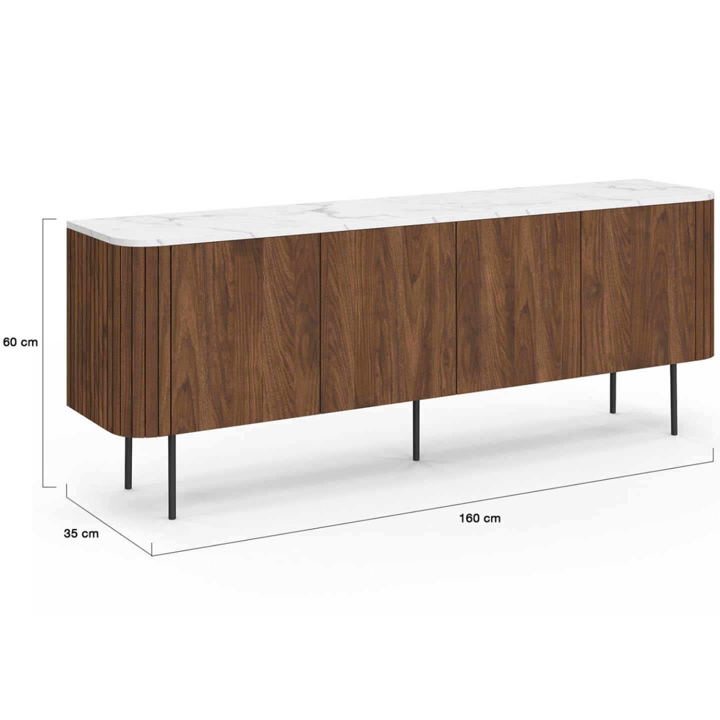 IDMarket - Buffet Bas 160 cm Marla 4 Portes Effet Noyer et Lattes et Plateau marbre Blanc Alaska