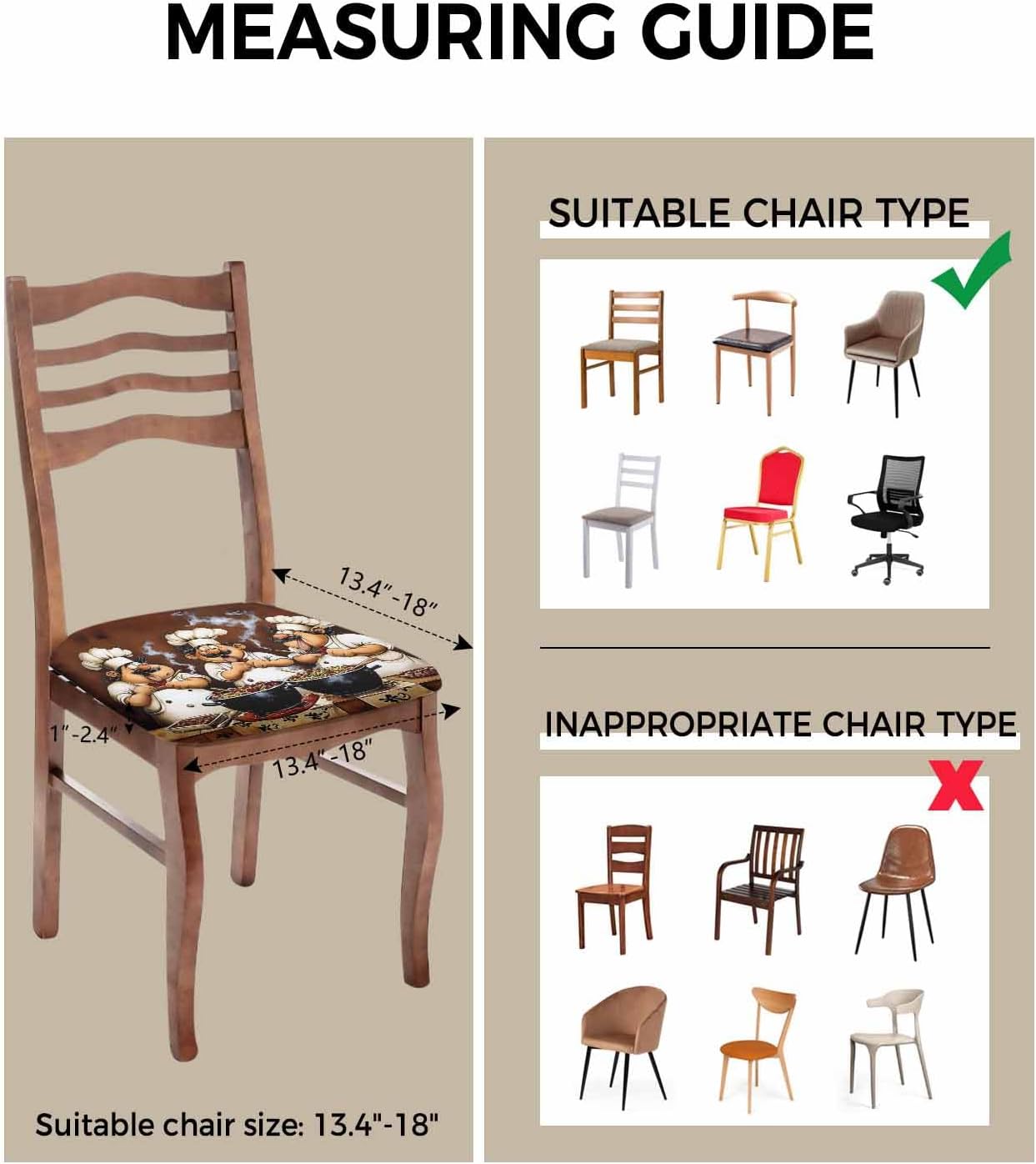 Fat Chef Seat Covers for Dining Chairs, Stretch Kitchen Chair Slipcovers, Cartoon Vintage Black Check Plaid Dining Room Chair Covers Removable Office Chair Cover Protector Set of 6