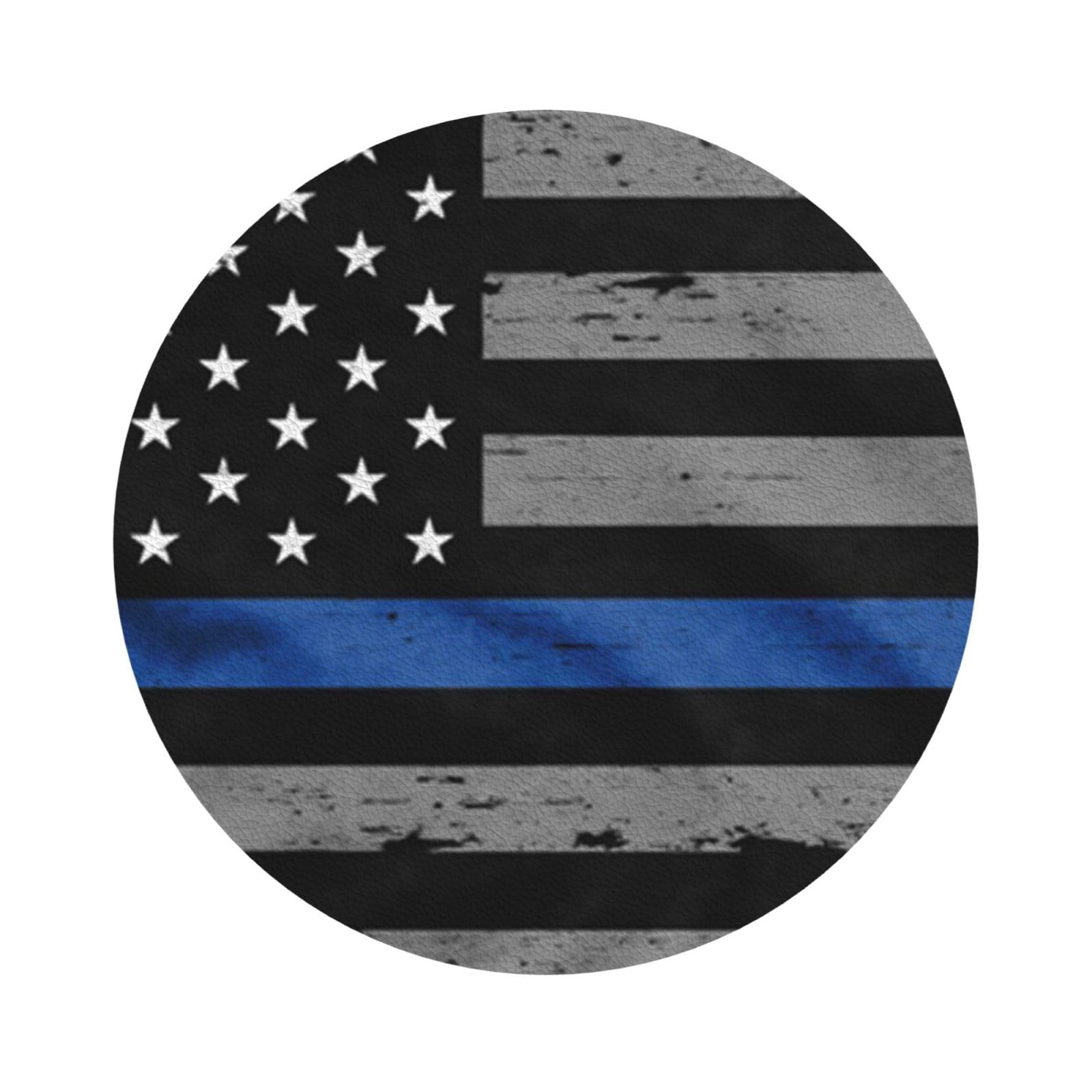 American Thin Blue Line Flag PU Leather Coasters Set of 6 Round Drink Coasters
