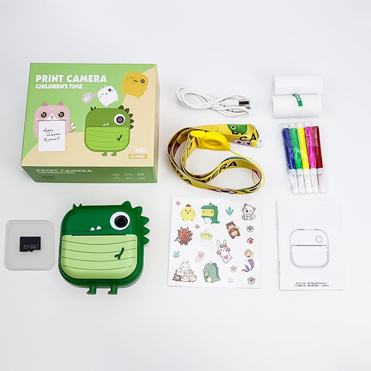 WANGCL Kamera Kinder Sofortdruck Dinosaurier Mini Fotokamera 48 MP 2,4 Zoll