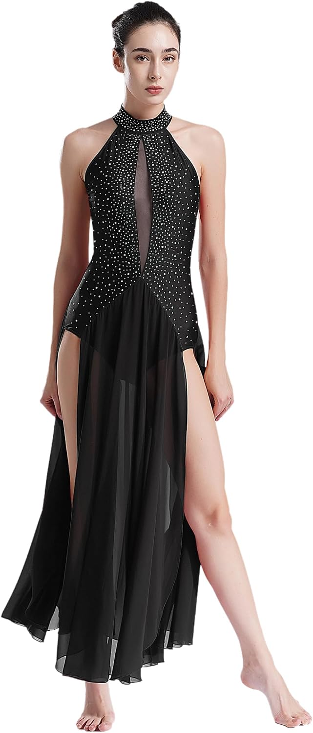 Vxuxlje Women's Sleeveless Lyrical Dance Maxi Dress Mesh Patchwork Backless Side Slit Dress Leotard