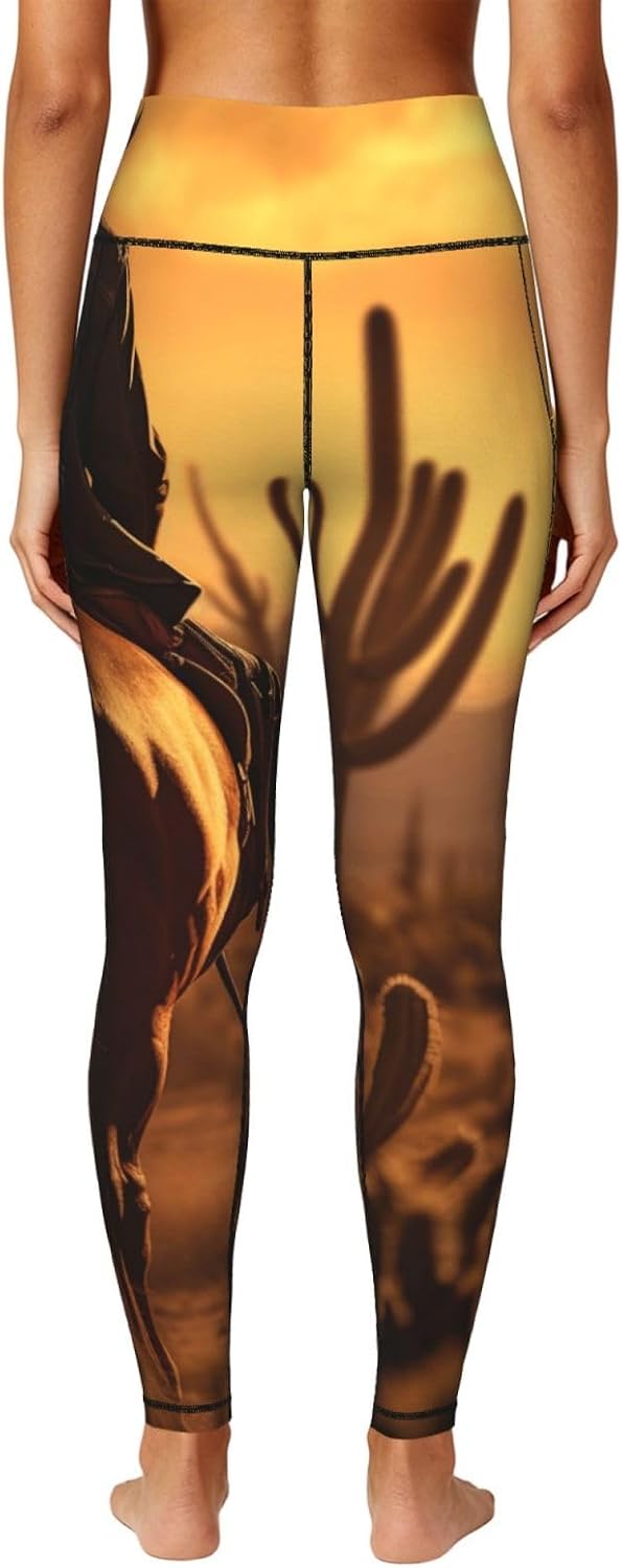 West Desert Cactus with Cowboys Riding Horses Print Leggings for Women,Workout Sets with Tummy Control,Gym Clothes for Women