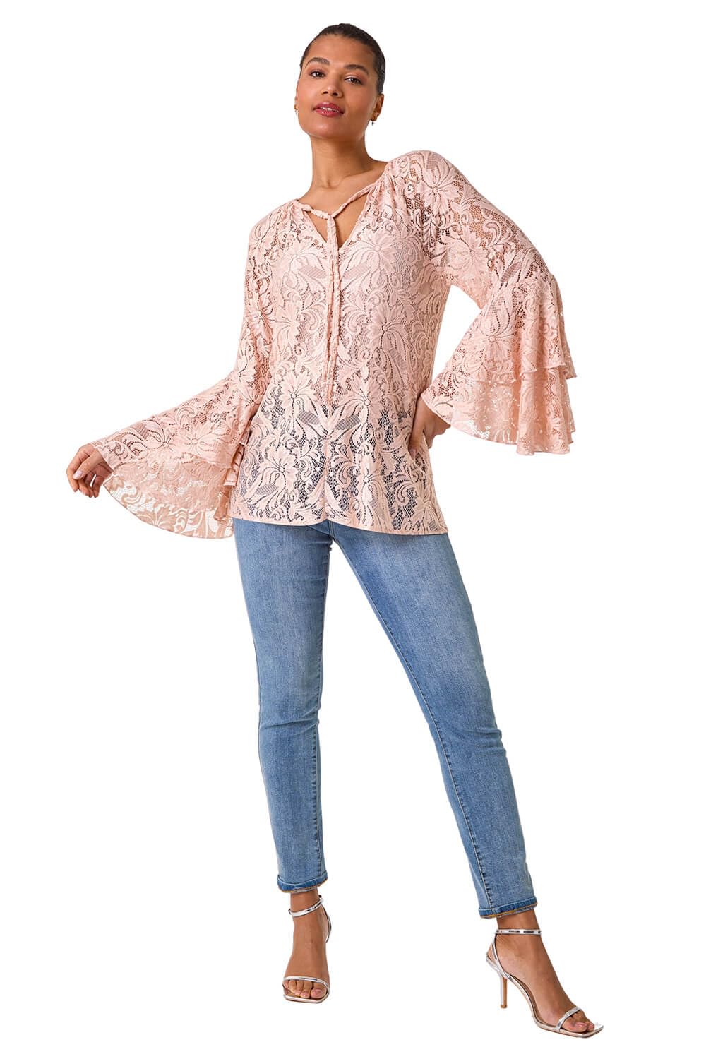 Roman Women's Light Pink Tie Neck Lace Detail Top In | : Size 10