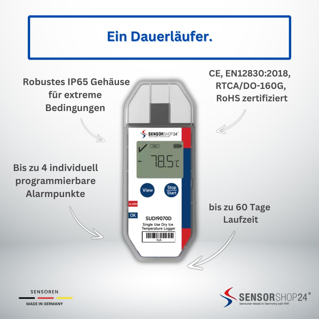 ClimateLog24 Registrador de datos de temperatura con PDF + CSV Report Single-use & Multi-Use Variantes para Farmacéutica, Alimentos y Cadena de Frío (Single-Use Dry-Ice Data Logger para temperatura