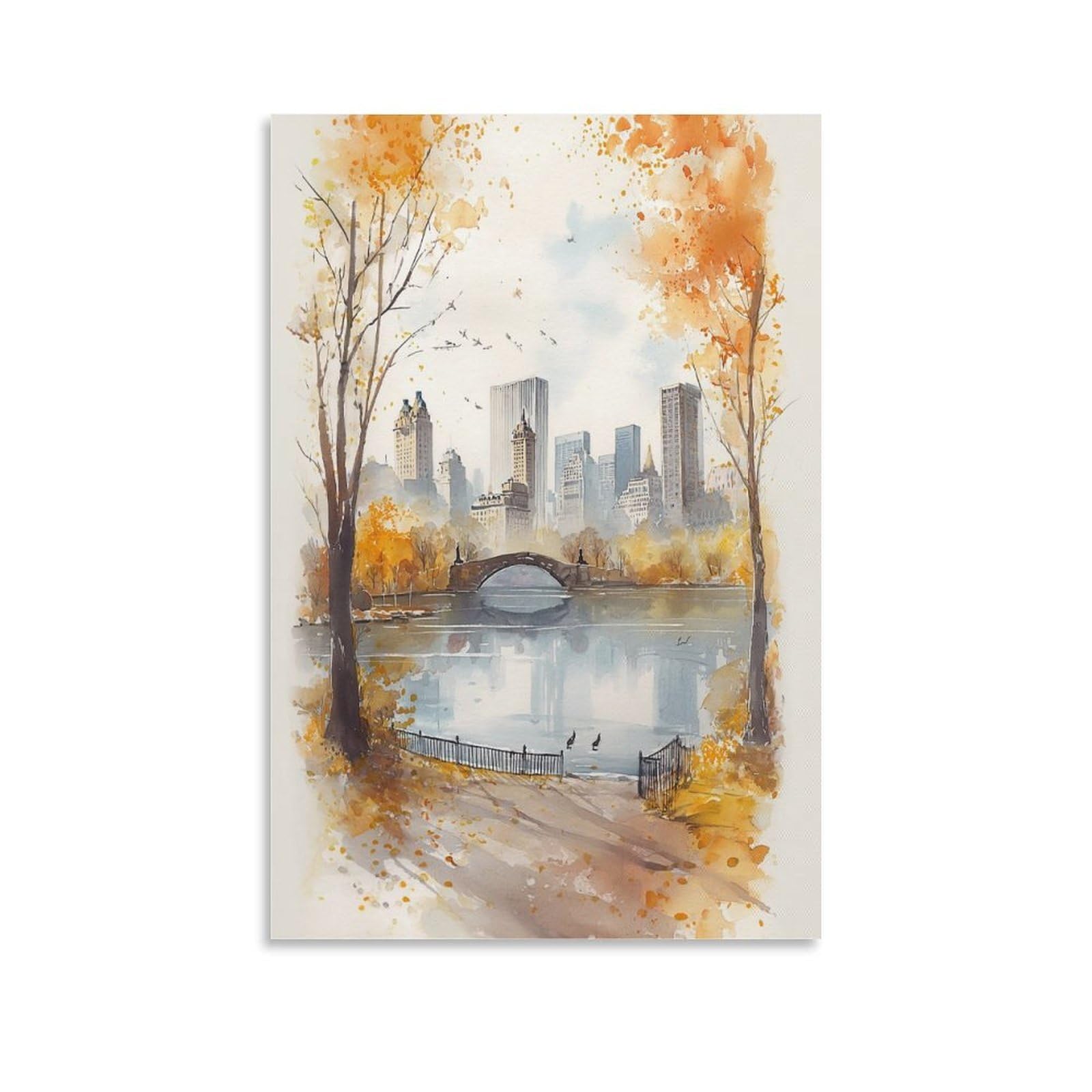 XWYMXZ Central Park Watercolor Print Scene Poster 20x30inch(50x75cm) Vintage Watercolor Canvas Art