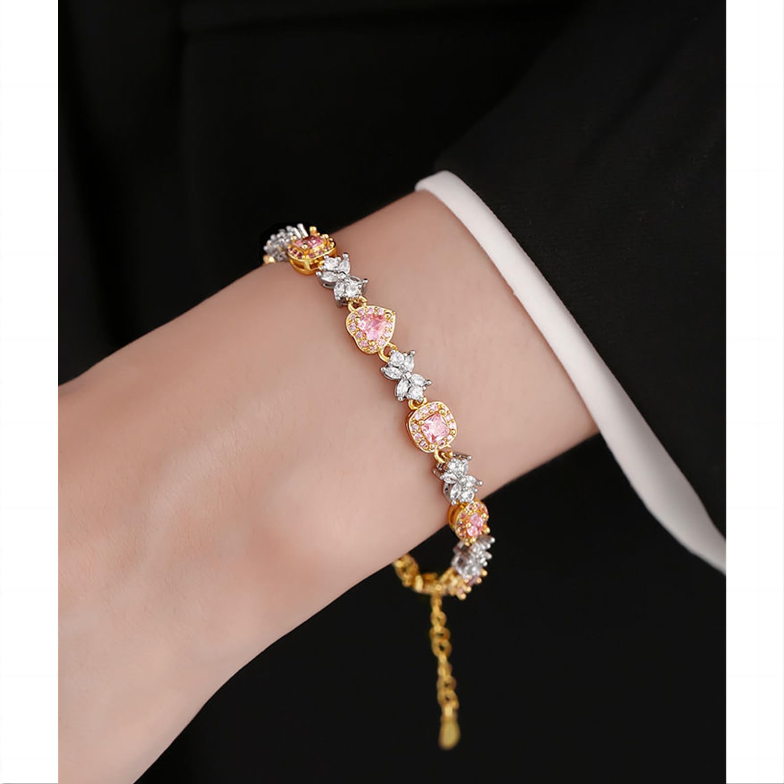 Bracciali da Donna Cubo di Zucchero Francese Giallo Giallo Rosa Zircone Bracciale A Prua da Donna Bracciale di Moda Ornamenti A Mano di Tennis-Rosa E Giallo