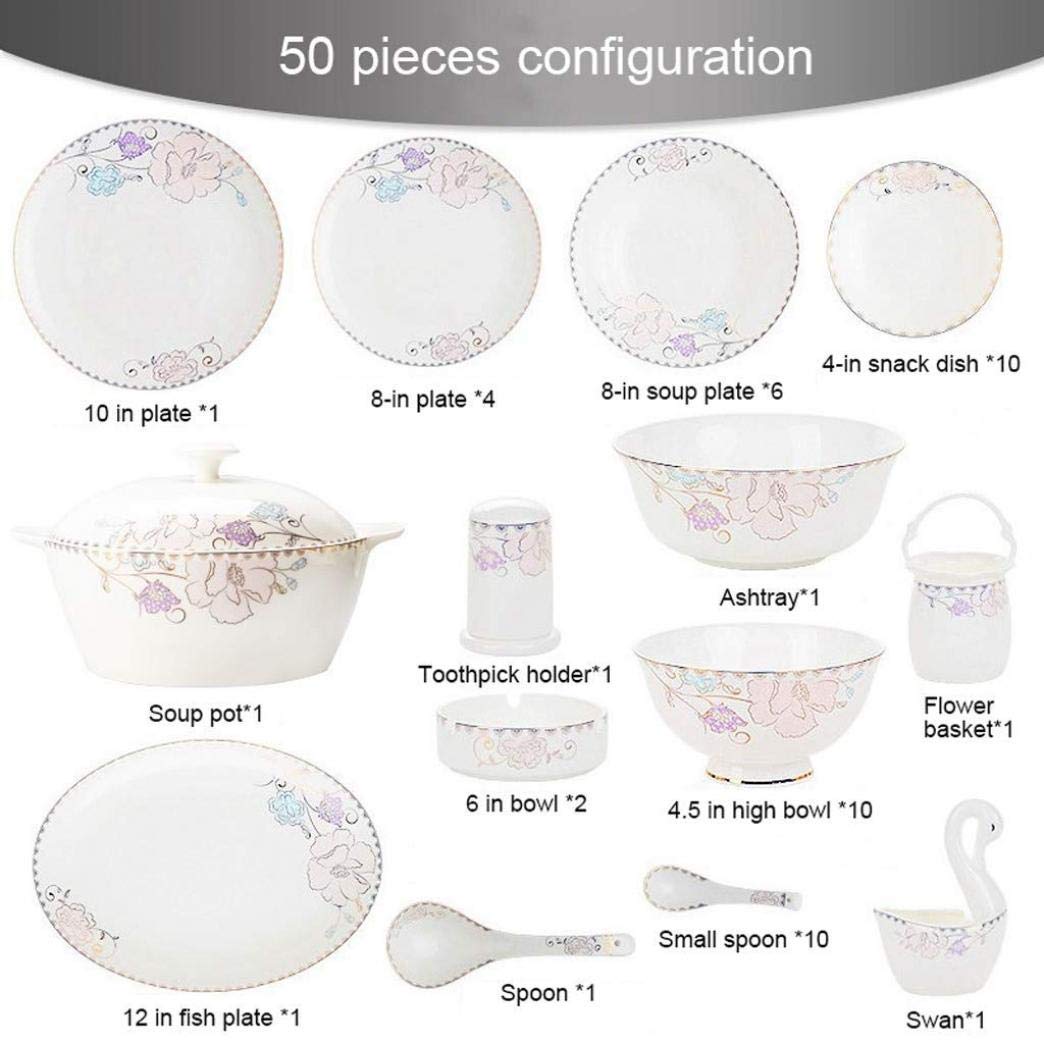 H3TF5J Zestaw zastawy stołowej w Chinach kości, fioletowy kwiatowy wzór ceramiczny zastawa stołowa, 50-częściowy zestaw zastawy stołowej bankiet, nietoksyczny proces kolorów, domowy zestaw porcelanowy