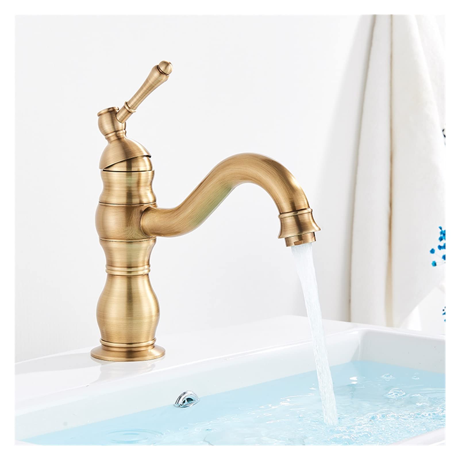 Mooilko Antique Brass Short Brass Antique Brass Taps Bathroom Faucet Basin Faucet Cold Water Column Mixer Deck Mounted Crane Basin Faucet Tall Short Easy To Install(Antique Brass Short)