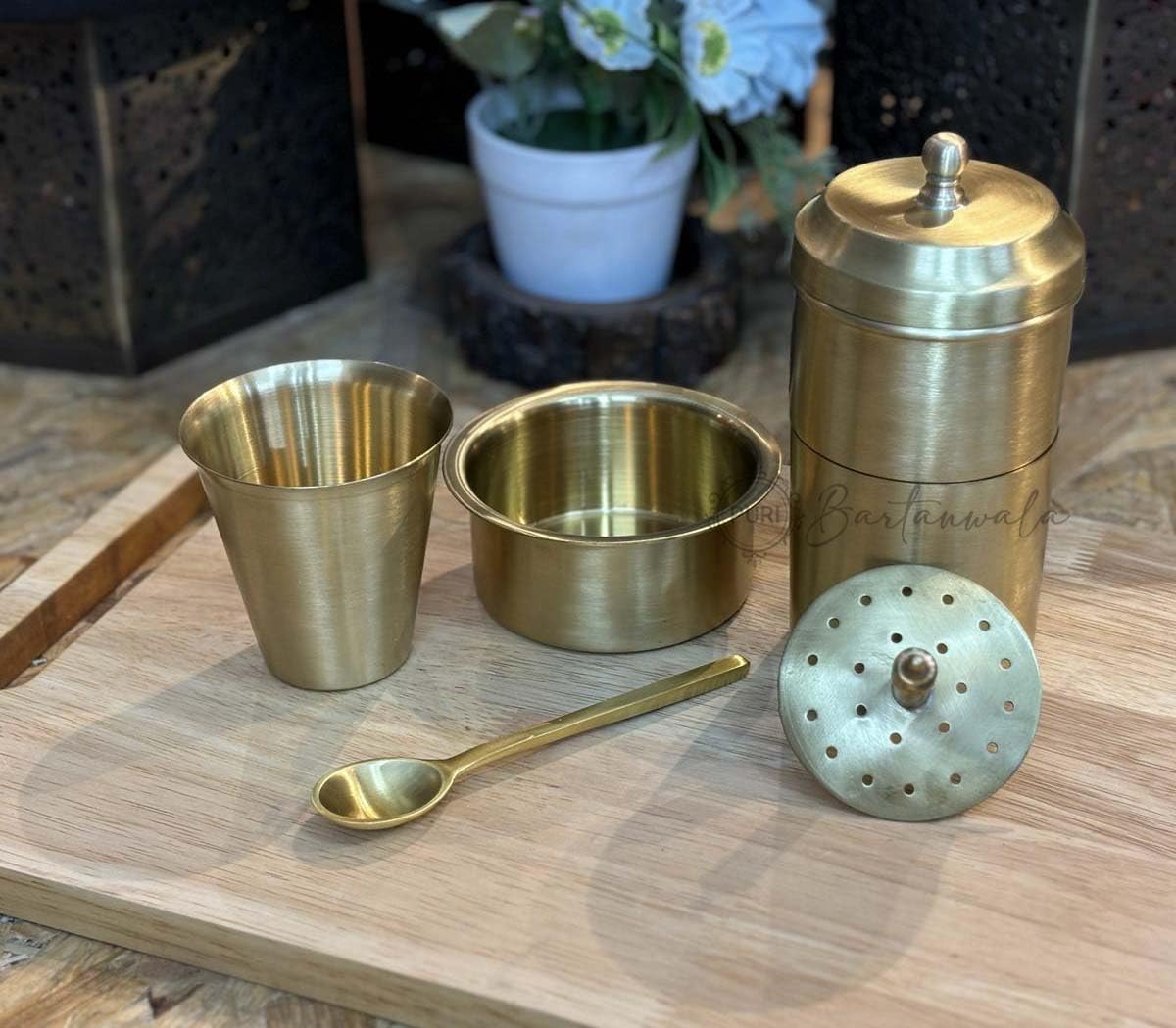 PURI - Brass/Pital South Indian Coffee Filter with DABARA Set and 1 Small Spoon