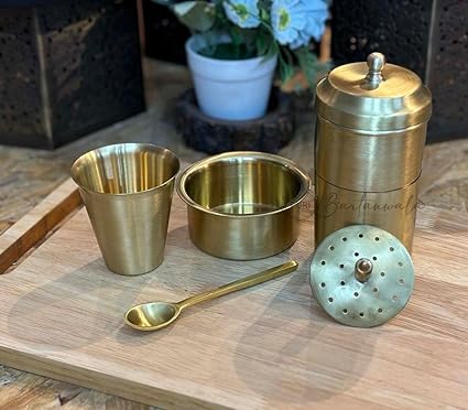 PURI - Brass/Pital South Indian Coffee Filter with DABARA Set and 1 Small Spoon - Matt Finish - 250 ML - Hand Crafted in India