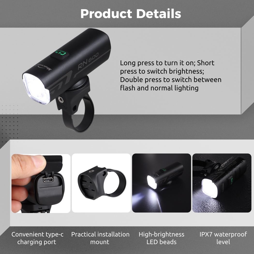 Luce anteriore a LED, 600 lumen, ricaricabile tramite USB, con 5 modalità, impermeabile, IPX7, per guida notturna