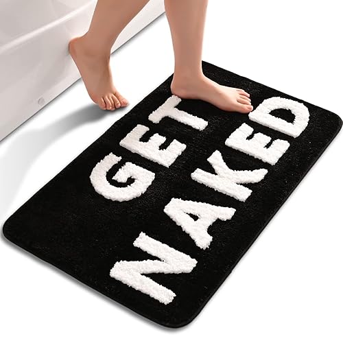 QJHOMO Get Naked Bath Mat Black and White Bathroom Mats 40 x 60 cm, Non Slip Bath Mats for Bathroom, Colourful Letters Soft Microfiber Bathroom mat, Machine Washable Rug - 40 x 60 cm - Black and White
