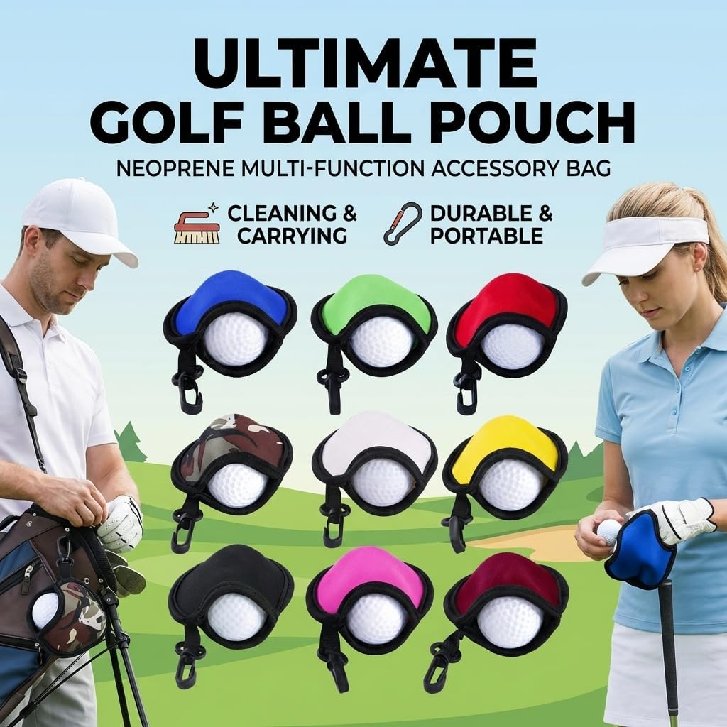 Golf Ball Cleaner Pouch, Neoprene Golf Ball Bag with Cleaning Cloth and Clip