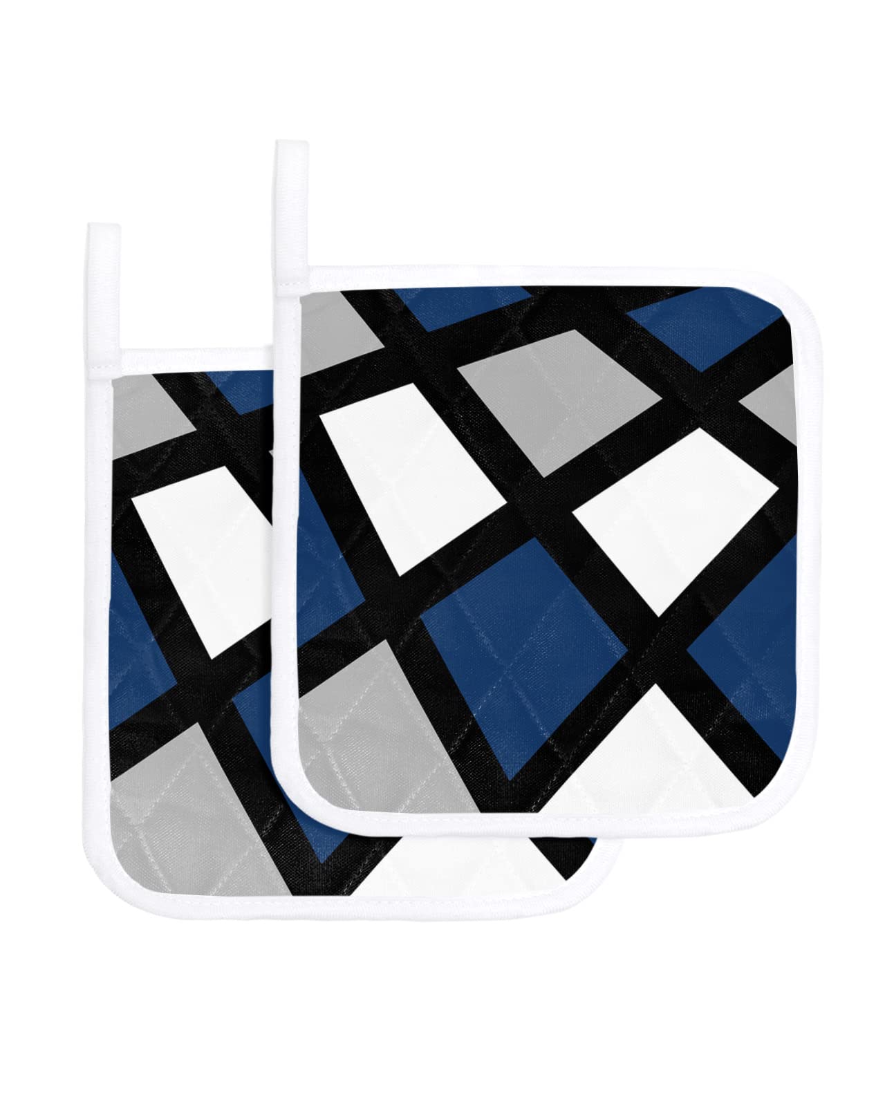 Navy Blue Grey Pot Holders for Kitchen, Modern White Geometric Abstract Art Black Lace Plaid Pot Holder with Loop Trivet Heat Insulation Oven Mitts Hot Pads, Washable Potholders for Cooking 2 Pack