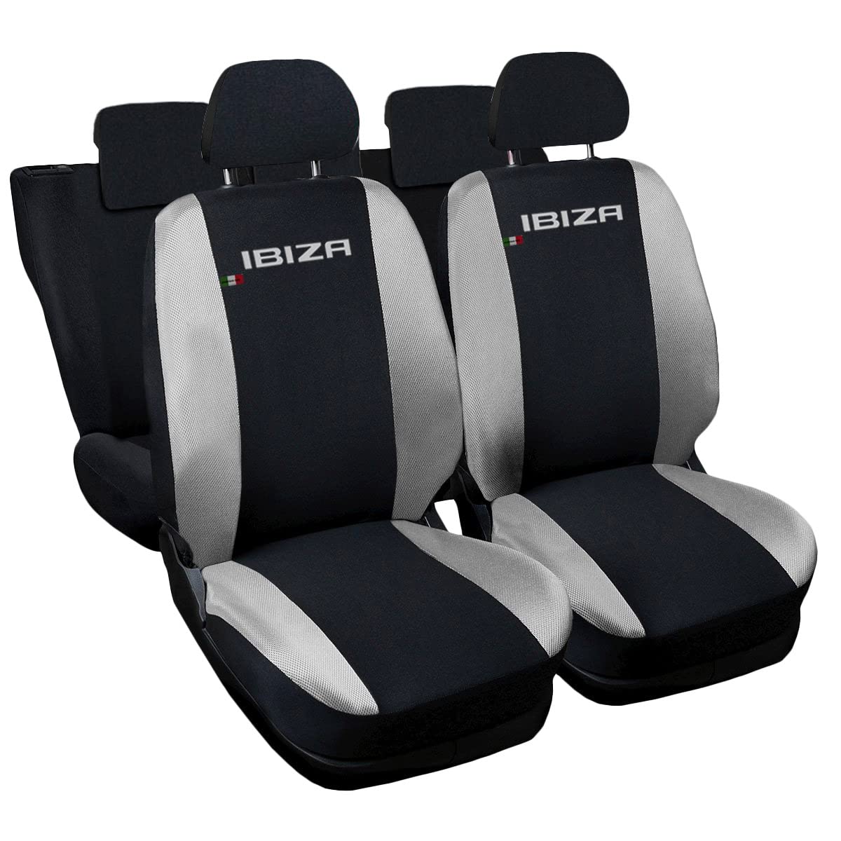 Lupex Shop Fundas para Asientos de Coche Compatibles con Ibiza, Made in Italy, Tejido de Poliéster, Juego Completo para Asientos Delanteros y Traseros (Negro - Gris Claro)