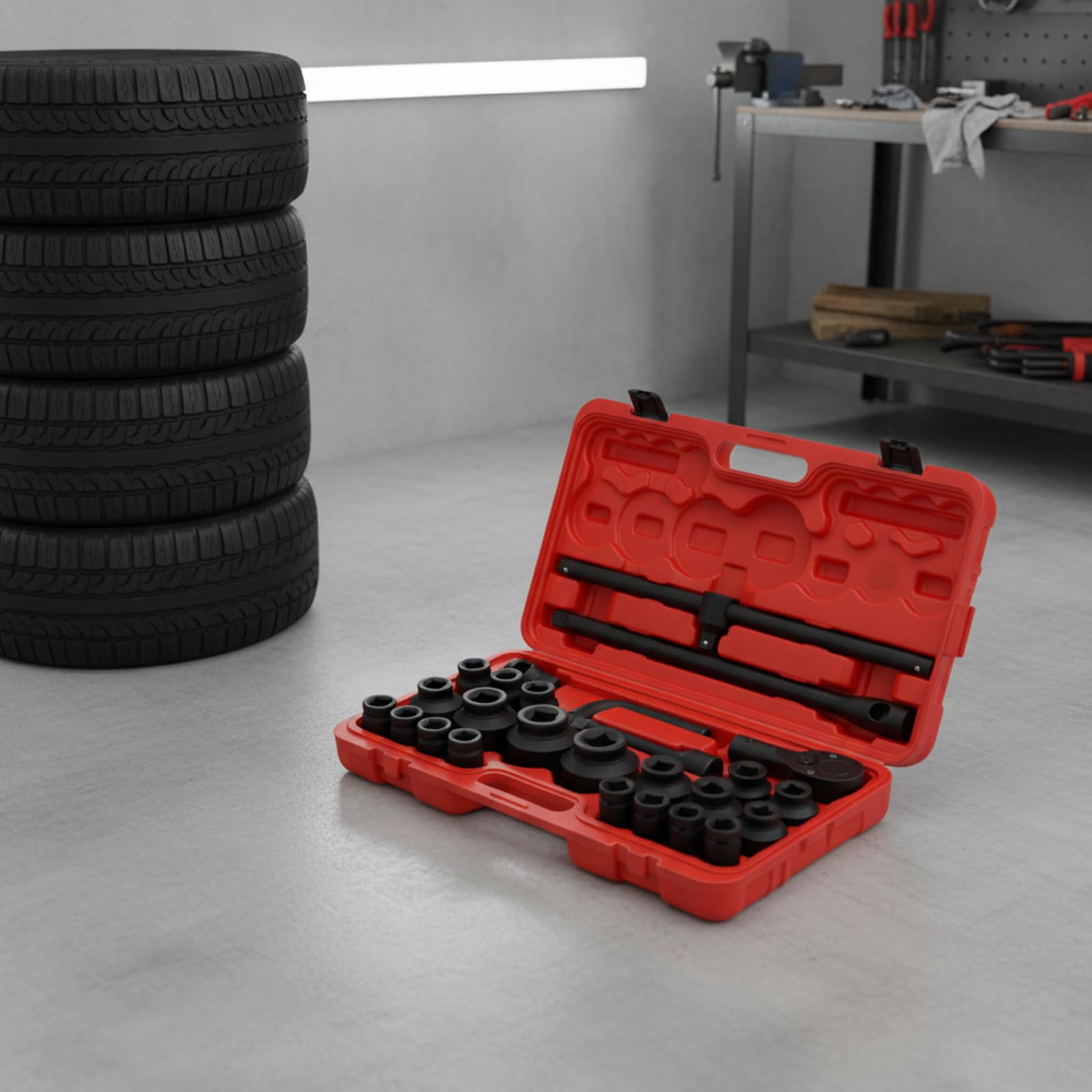 Jeu de douilles 3/4" et 1", Coffret Douilles À Choc Pouce 26 Pièces, Jeu Profondes 6 Pans 21-65Mm, Coffret à douilles pour voiture, Acier Carbone 45 Trempé, Mécanique Auto Camion Poids Lourd