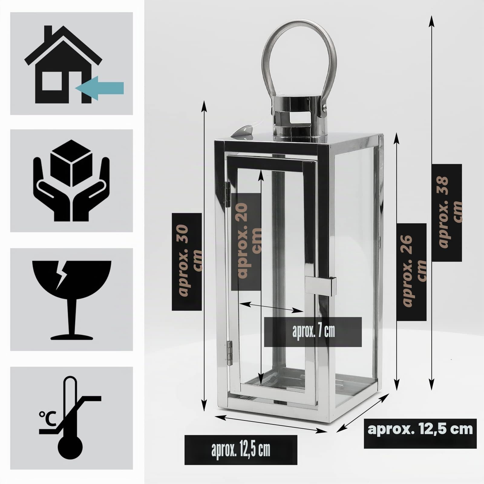 Dekovita 30cm+42cm Farol de Acero - Linterna de Jardín con Ventana de Cristal y Asa - Farol de Metal Deco Vela Lámpara