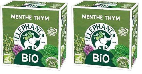 Elephant, Infusion Bio, Goût Menthe et Thym, Ingrédients d'Origine 100% Naturelle, Bien Etre et Relaxation, 20 Sachets Pyramid (Lot de 2)
