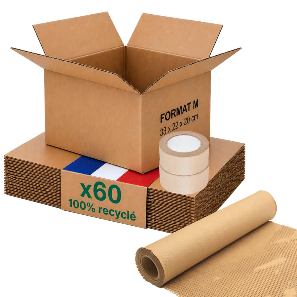 Opakowanie kartonowe M - zestaw 60 + ochrona papieru + klej papierowy - 31x22x20 cm - Wzmocniony - 100% nadający się do recyklingu - książki, akcesoria, e-commerce - Life Pack