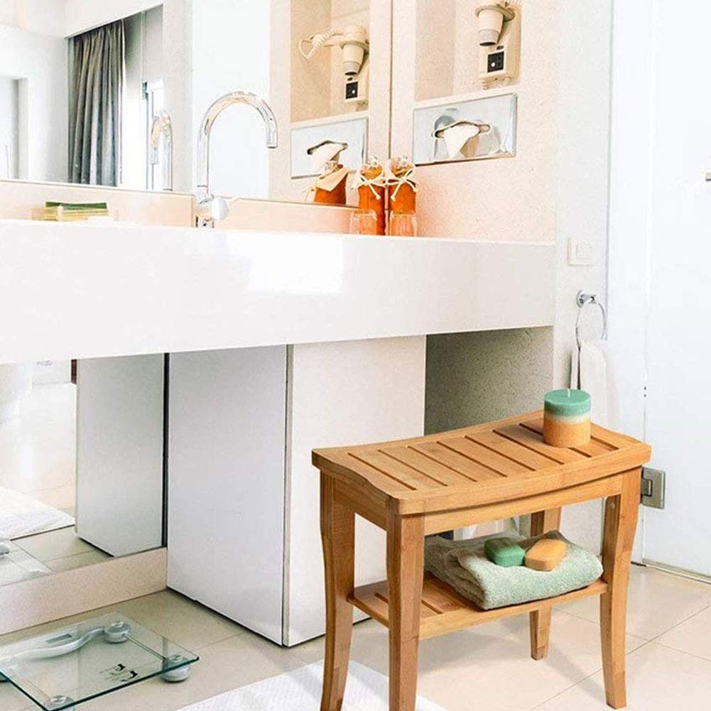 BAKAJI Sgabello da Bagno in bambu con Panca Ripiano Portaoggetti Panchina Casa Colore bamboo Naturale Dimensione 47,5 x 26 x 44,5 cm (Rettangolare)