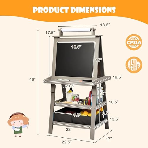 Miniatura 3 de HONEY JOY Caballete de arte para niños, caballete de madera de doble cara 3 en 1 con pizarra blanca magnética y pizarra, rollo de papel, 2
