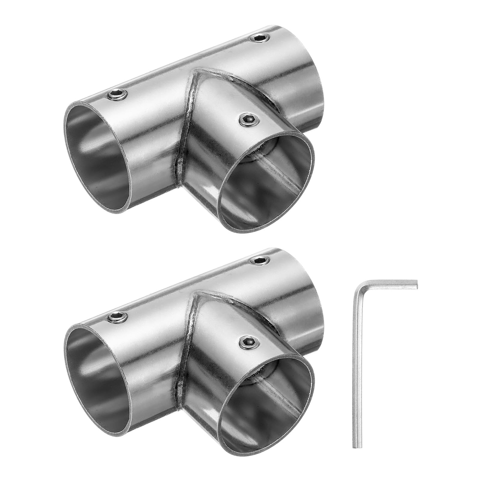 uxcell 2Pcs Tee Structural Pipe Connectors 3 Way End Rails Clamp with Wrench Stainless Steel Corner Pipe Fittings for DIY Shelf Garden Support 1" Fit