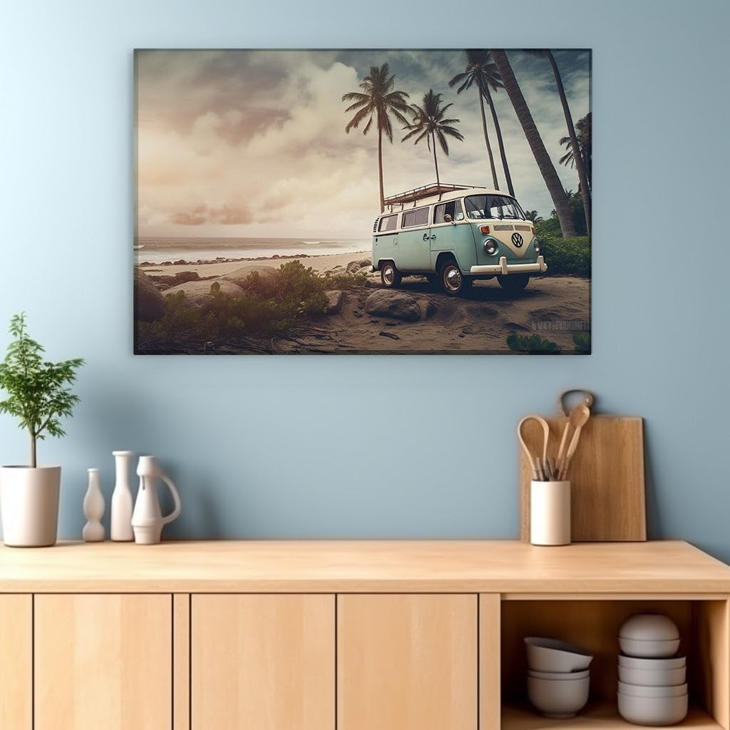 Canvas for Living room. Sunset Serenity: A Vintage Beach Escape, 27 x 18 inch Canvas Wall Art - Contemporary Masterpieces - Retro Home Decor - 69x46 cm (27x18 inch)