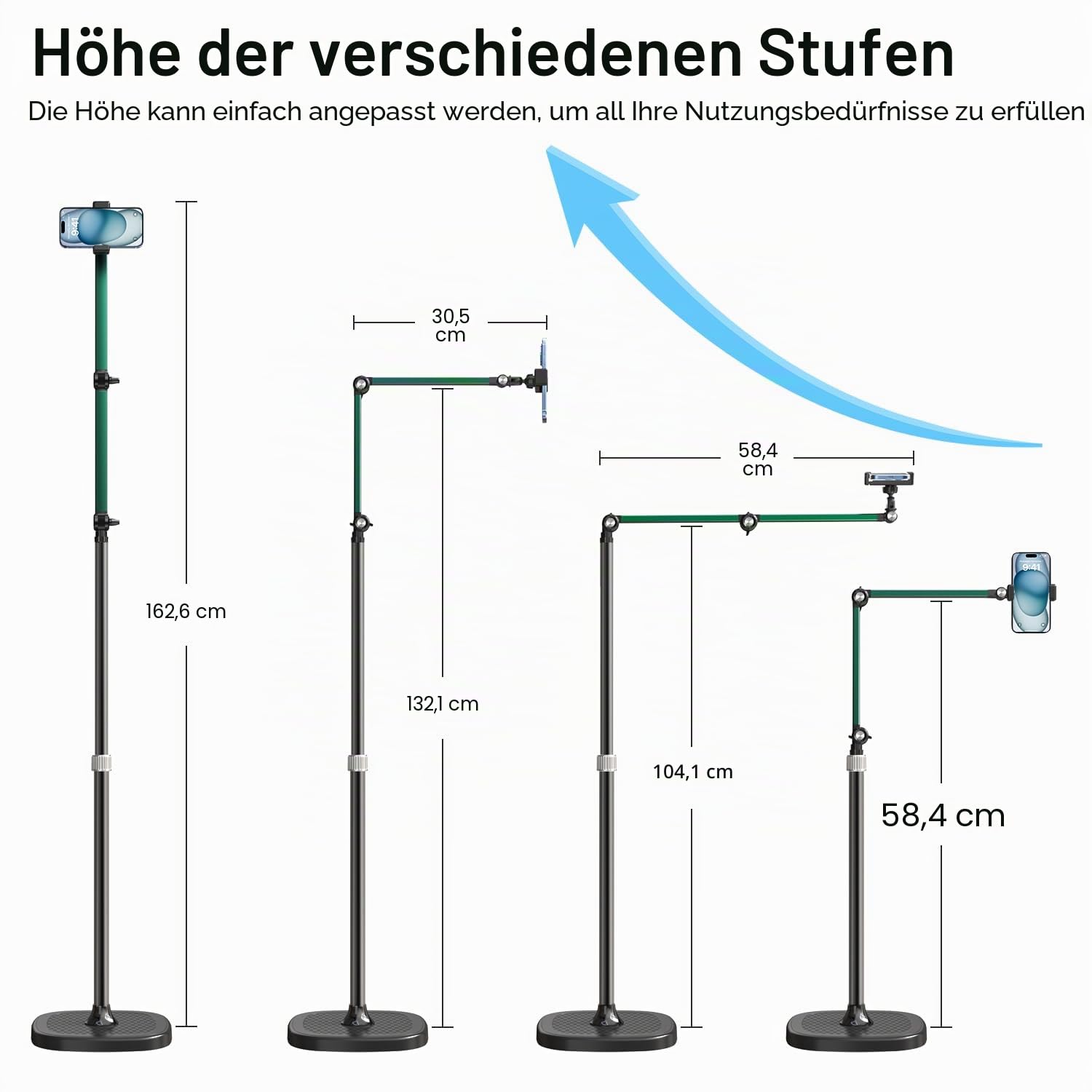 Überkopf-Telefonhalterung mit Licht, Handy-Ständer für Videoaufnahmen, 360 Grad schwenkbar, neigbar, verstellbar, Boden-Kamera-Filmstativ, Content Creator Handyhalterung, Stabiler Ständer (L11-SD)