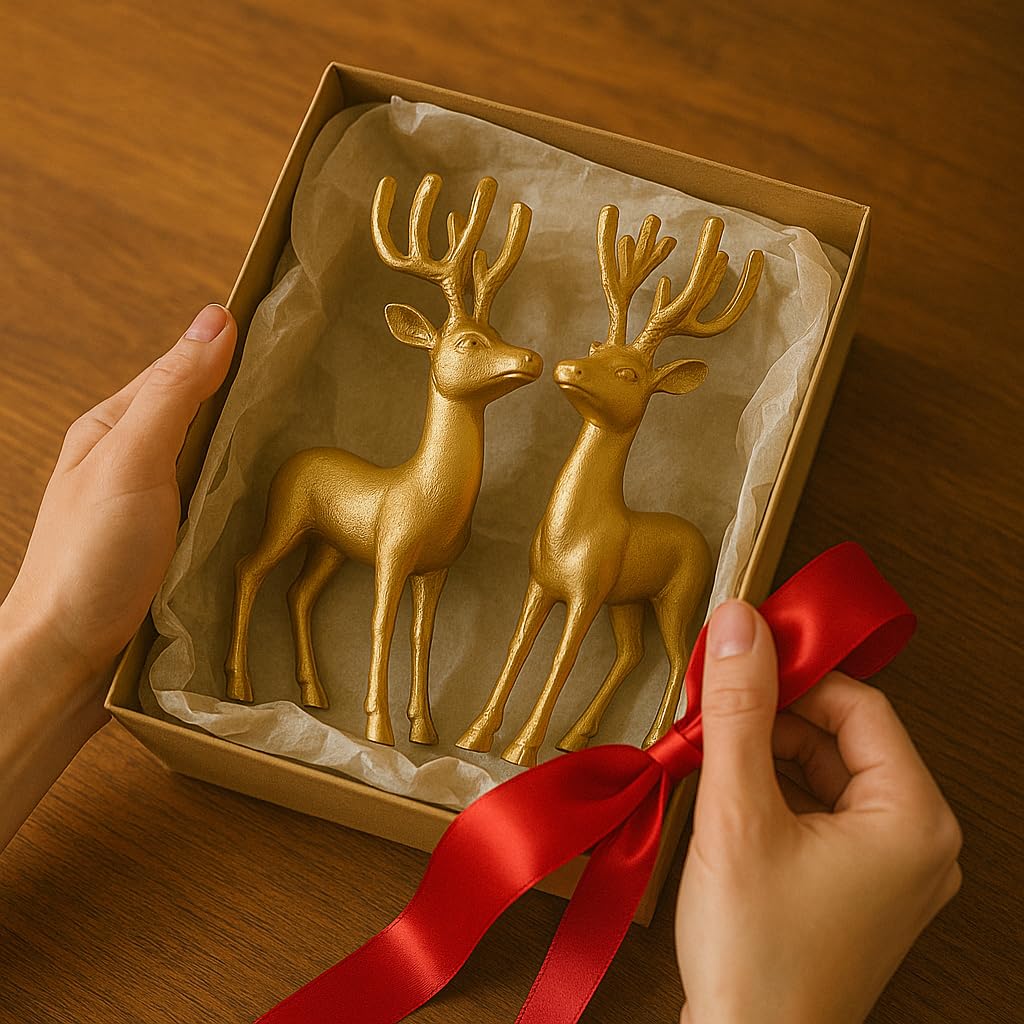 Decorative Gold Reindeer Figurines, Set of 2, Holiday Home Decor Statues 2