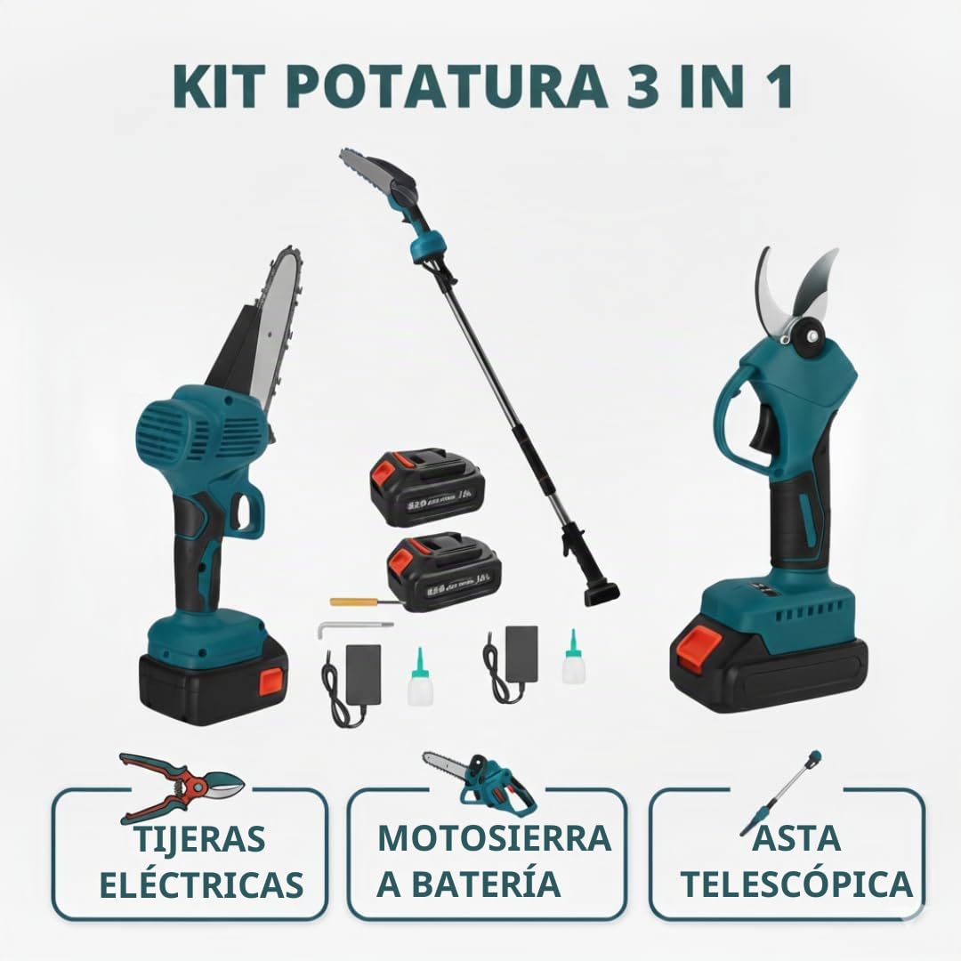 Tijeras de Podar Electricas Inalámbricas y Motosierra Electricas con Asta Telescópica de 128 a 248 cm, Kit 3 in 1 Profesional por la Podadura de Jardín, Ramas, Arbustos y Viñedo