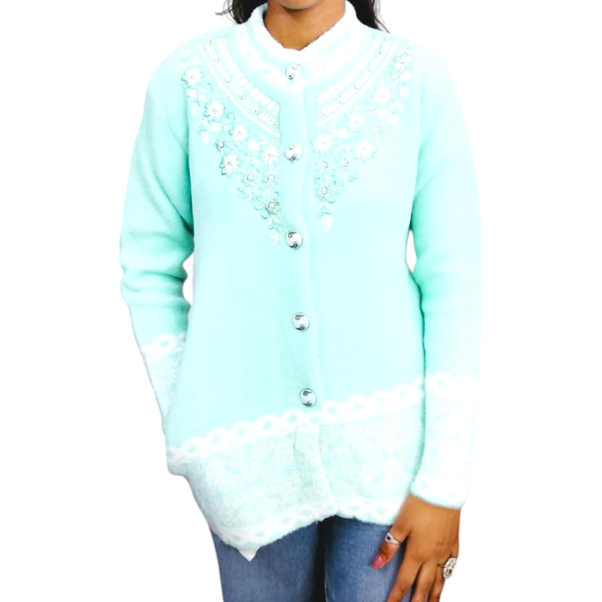 Women's Mint Green Cardigan Sweater with Floral Embellishments, Button Front-image-0