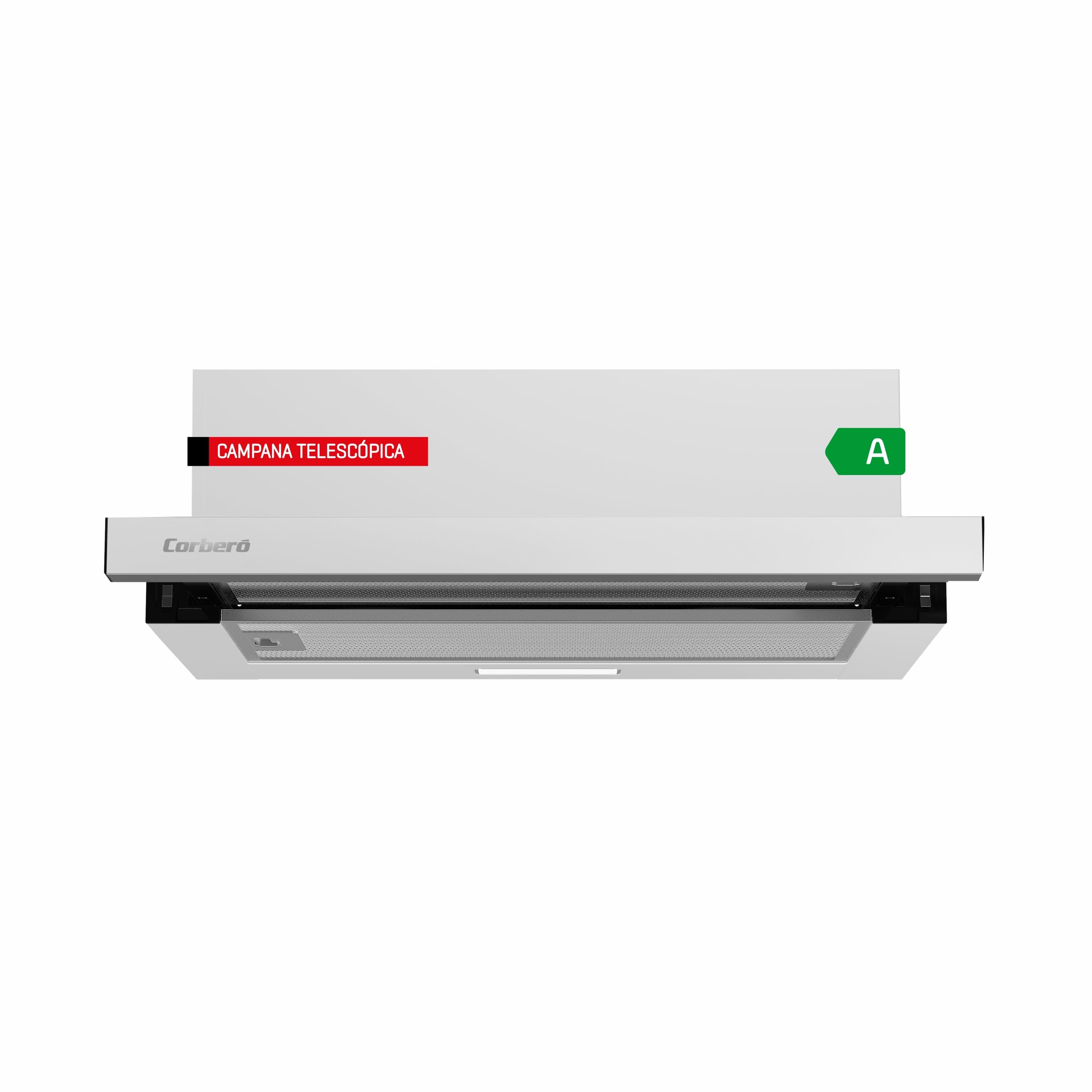Corberó - Campana Telescópica 60 cm | VINSON635W | Caudal 350 m3/h | Potencia 65 W | 2 Velocidades | Filtro de Aluminio 3 Capas | Filtro Carbon | Eficiencia Energética B, Color Blanco
