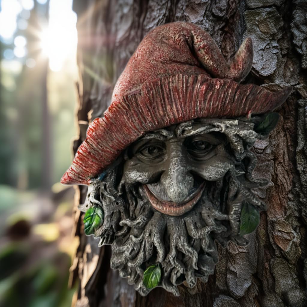 Tree Face Sculpture, Funny Red Cap Old Man Tree Hugger Statue, Indoor & Outdoor Creative Props for Garden and Home,9" x 7" x 2.4"
