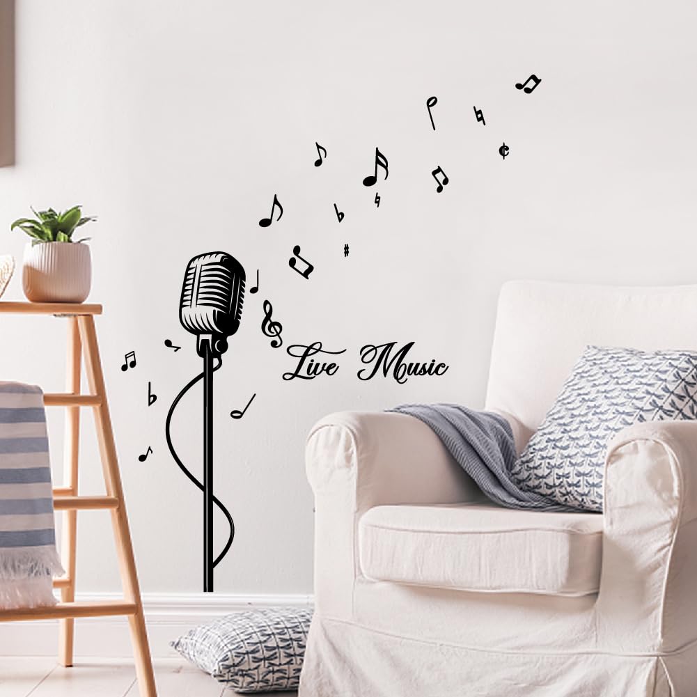 SUPERDANT 2PCS Wall Stickers Black Microphone Wall Decals Music Artistic Peel and Stick Self Adhesive Sticker PVC Walls Art Stickers Decoration Bedroom Living Room Home Decorations