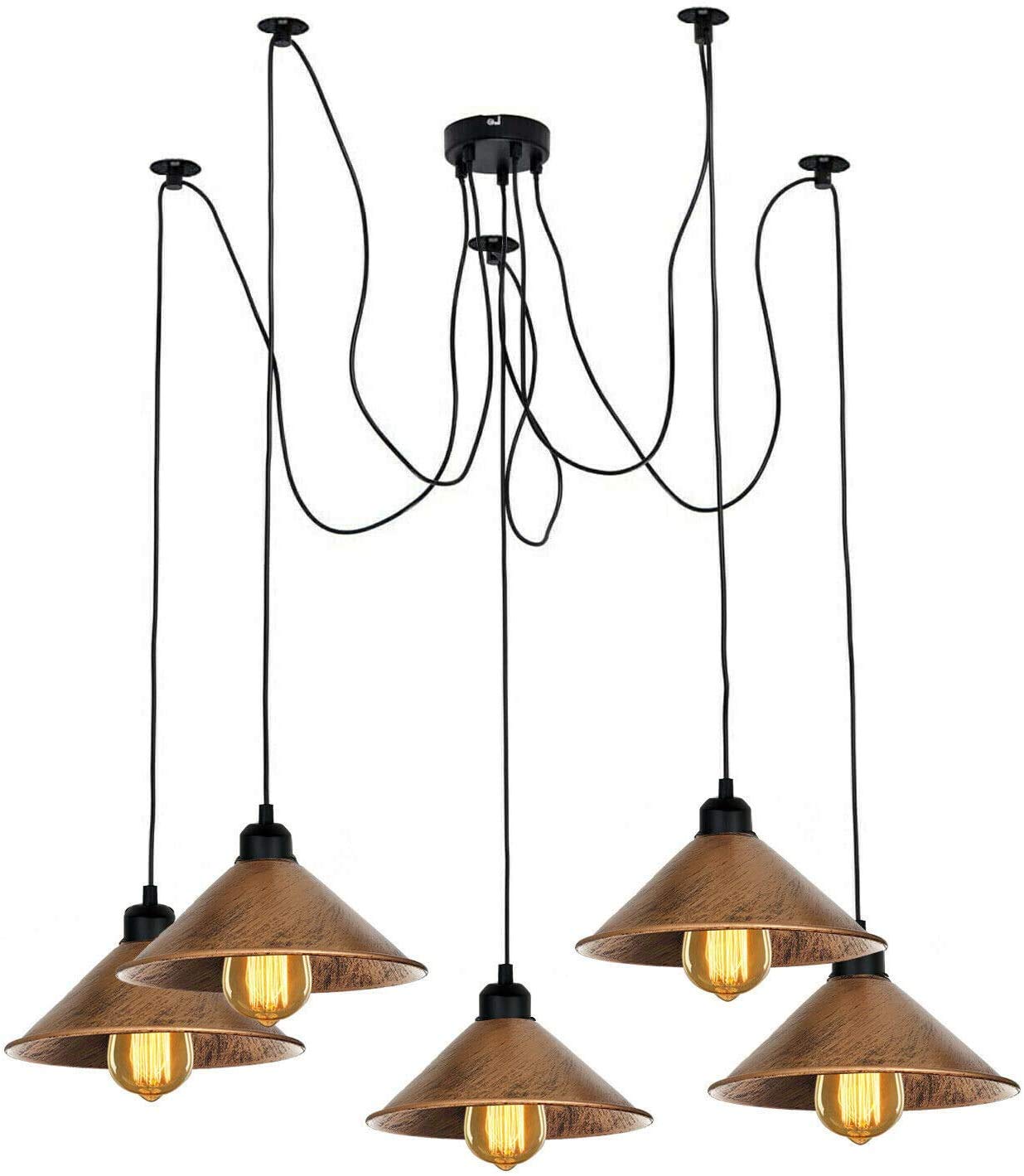 DC VOLTAGE Spider Modern 5 Head Pendant Light Ceiling Fitting | Cone Light Shade Spider Lamp | 5 Arm Semi Flush Mount Ceiling Spider Light | E27 2m Adjustable Black Cluster Pendant Fittings