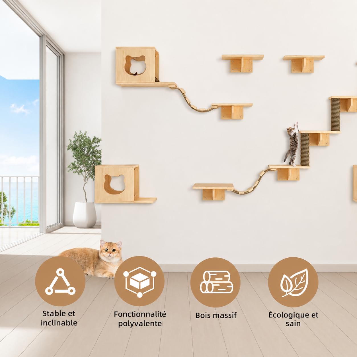 Étagères Murales pour Chat, Ensemble de Meubles Muraux en Bois avec Maison pour Chat, Plateformes d’Escalade, Escaliers, Pont Suspendu et Poteaux en Sisal, Arbre à Chat Mural Gain de Place