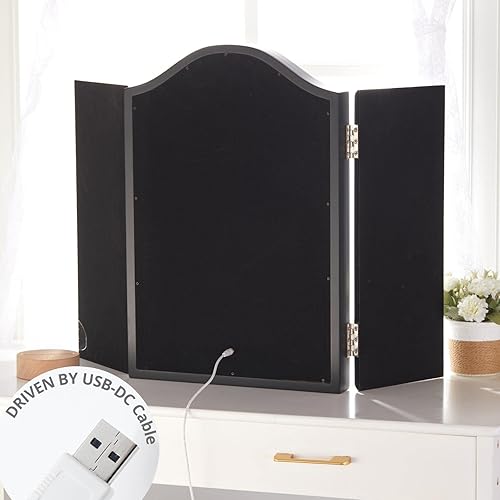 Miniatura 5 de LUXFURNI Espejo de maquillaje de tres pliegues iluminado con 10 bombillas LED regulables luces de control táctil espejo cosmético Hollywood de mesa