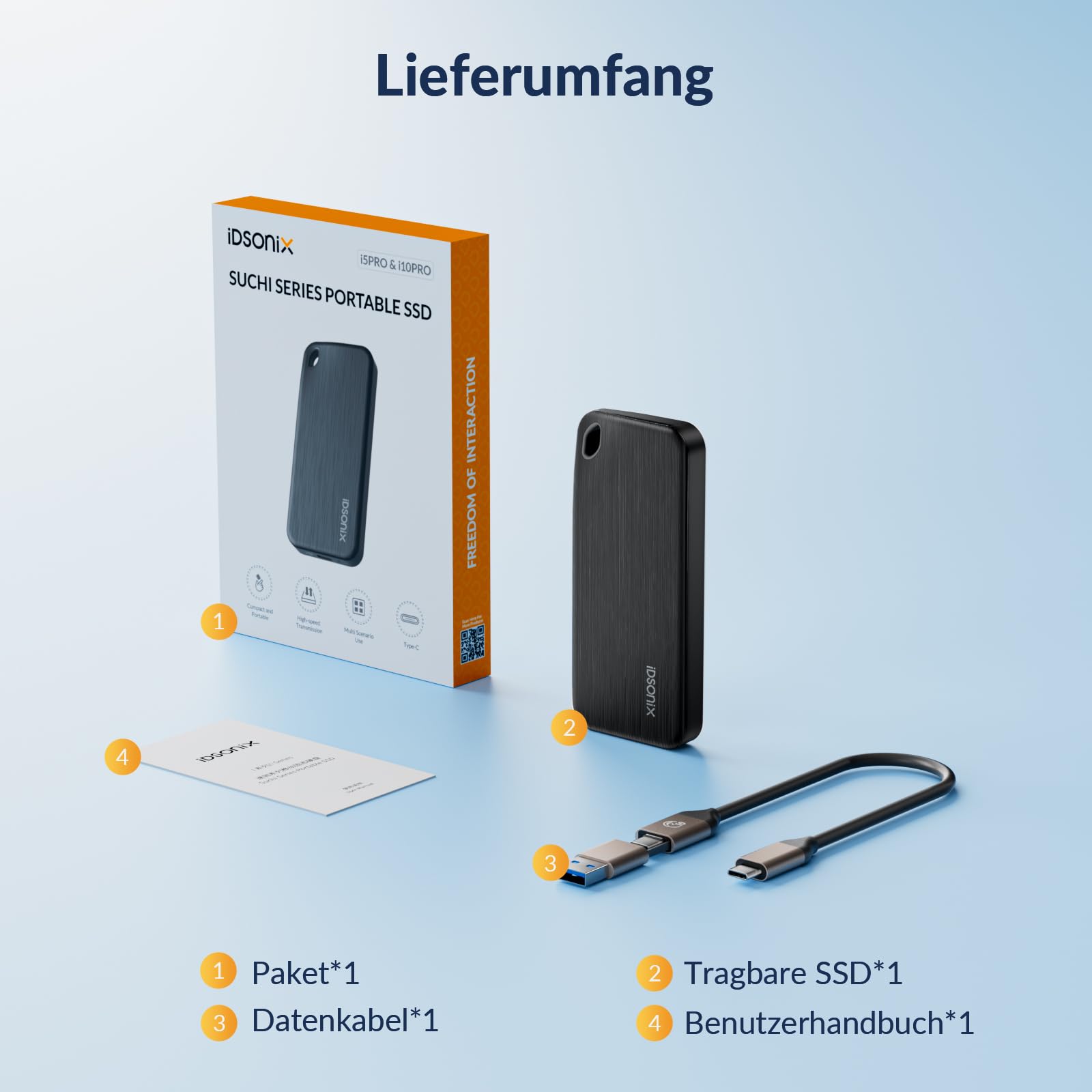 iDsonix Portable SSD 1TB Externe Festplatte, USB 3.2 GEN 2 bis zu 1000 MB/s Externes Solid State Drive mit 2-in-1 USB-C-Kabel Kompatibel mit Xbox, PS5, Mac, PC, Laptop, Kamera (i10PRO)