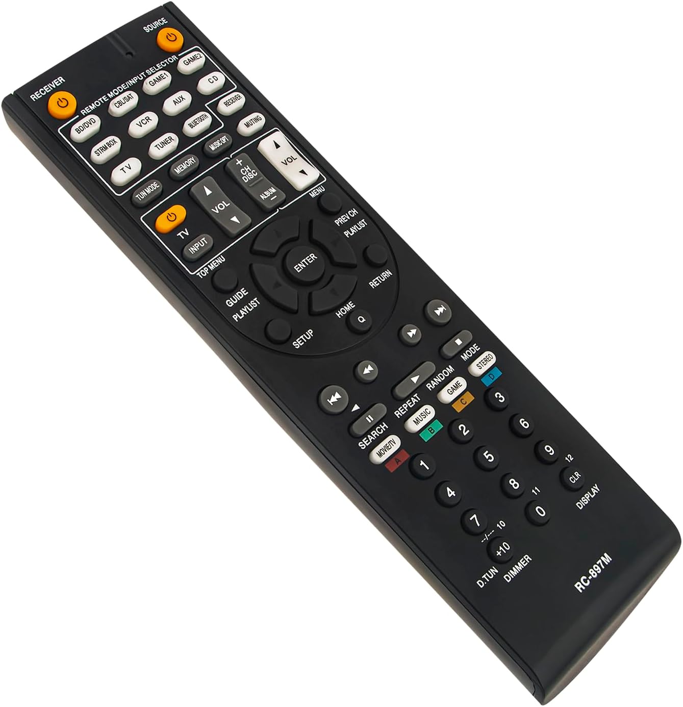 Angled view of the RC-897M remote control, highlighting its button layout and overall design.
