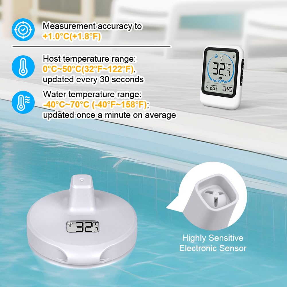 OFFCUP Thermomètre Piscine Flottant Sans Fil IP67 Étanche Numérique Intérieur Extérieur